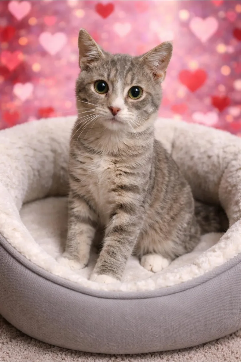 A young small-sized female Tabby (Gray / Blue / Silver) Domestic Short Hair cat named Smores for adoption in Central City, KY