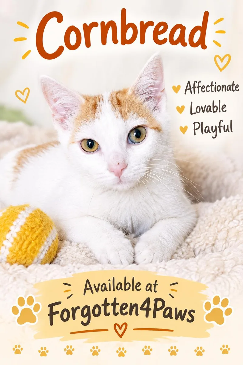 A baby medium-sized male White Domestic Short Hair cat named Cornbread for adoption in Pickerington, OH