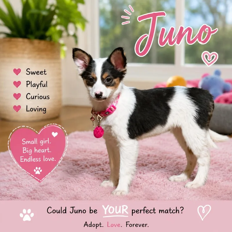 A baby small-sized female White / Cream Australian Shepherd dog named Juno for adoption in Phoenix, AZ
