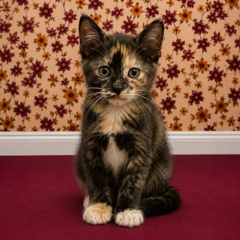 A baby small-sized female Calico Domestic Short Hair cat named Crackle for adoption in Morganton, NC