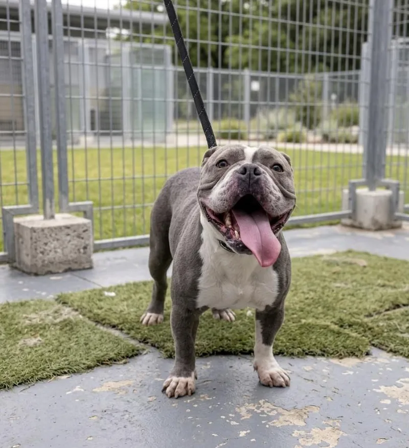 An adult medium-sized female Tricolor (Brown, Black, & White) American Bulldog dog named Miss Winky for adoption