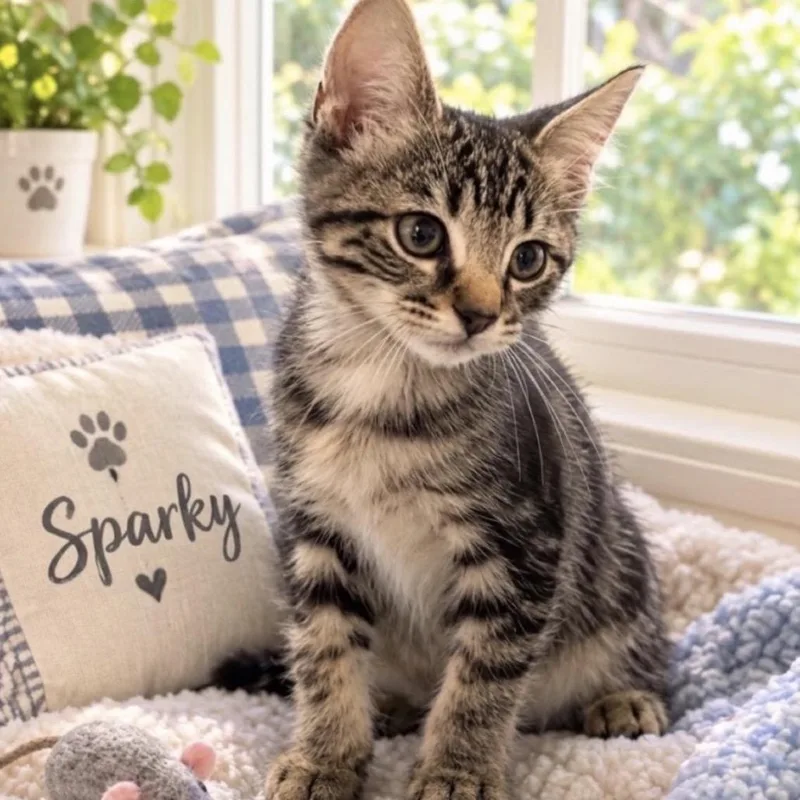 A baby small-sized male Black Domestic Short Hair cat named Sparky for adoption in Peachtree City, GA