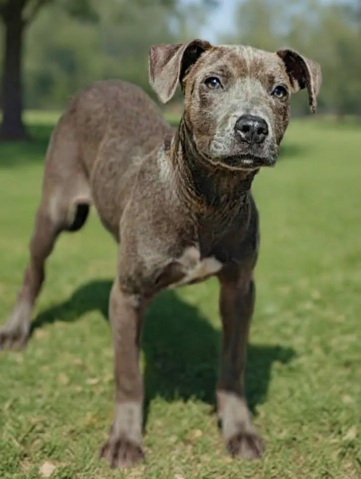 A baby medium-sized male Pit Bull Terrier dog named Reggie for adoption in Talladega, AL
