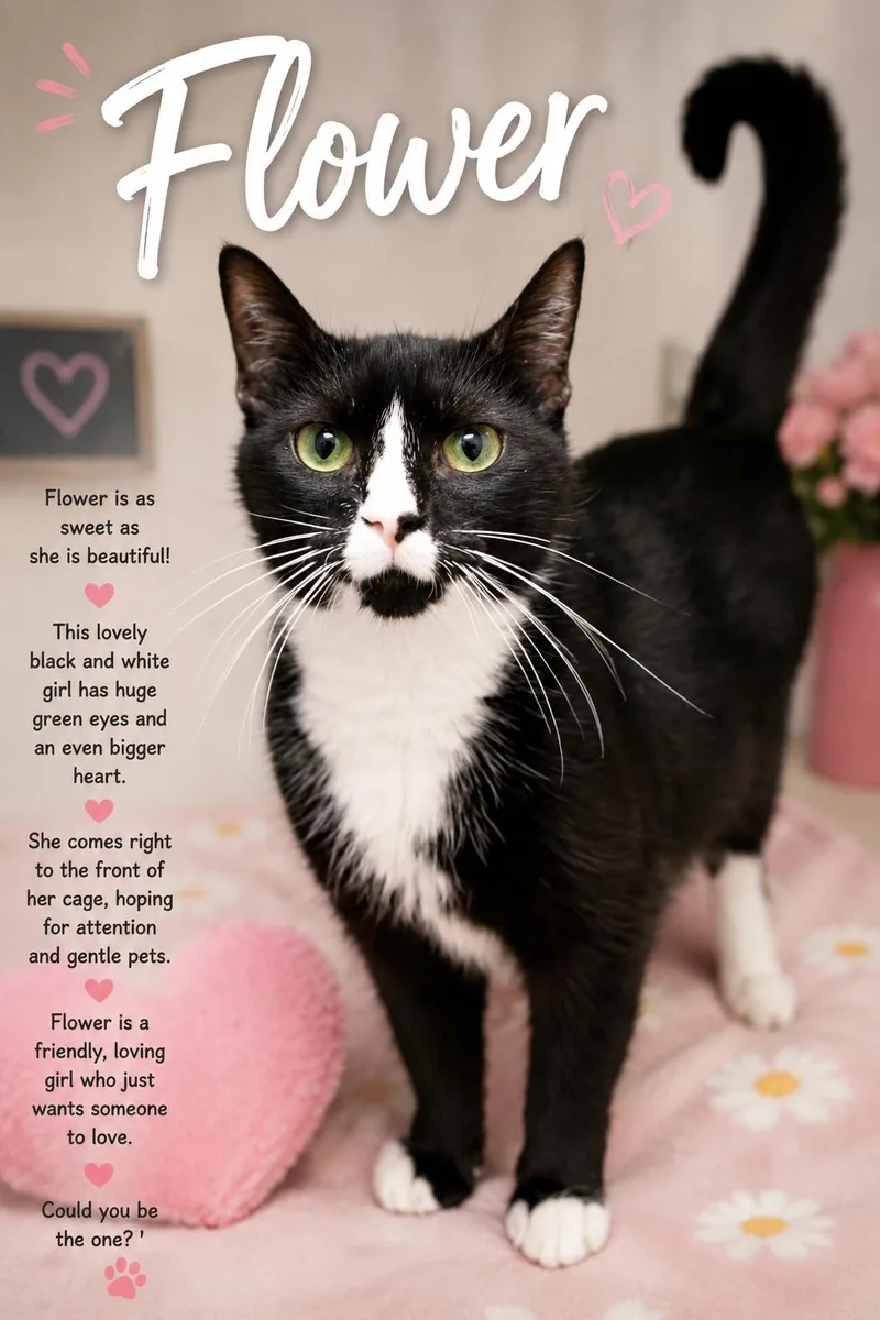 An adult medium-sized female Tuxedo cat named Flower for adoption in Greenville, DE