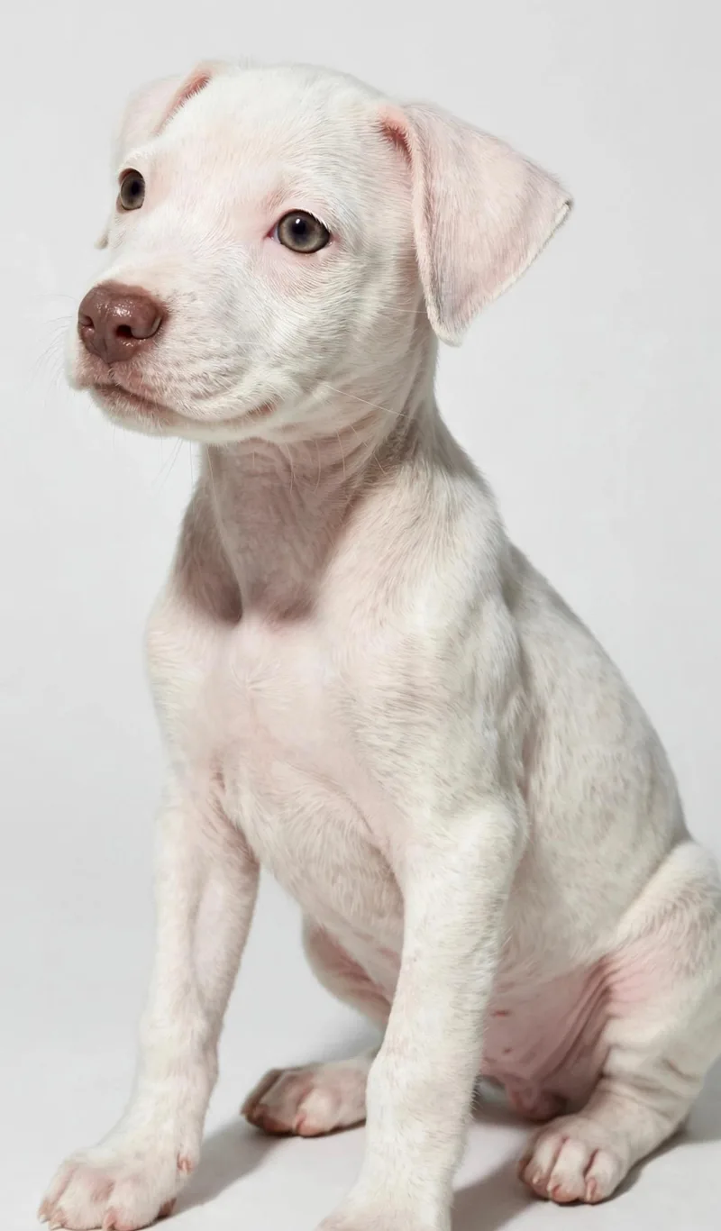 A baby medium-sized female White / Cream American Staffordshire Terrier dog named Rosie Posie for adoption in Houston, TX