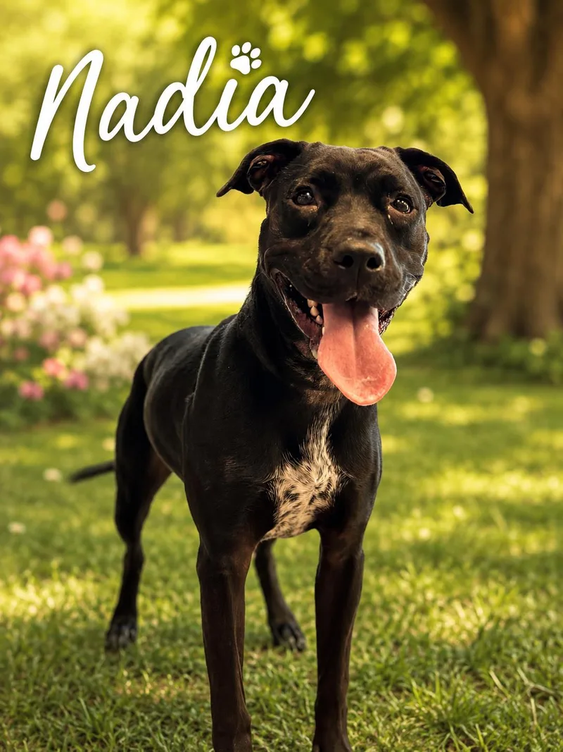 A baby medium-sized female Black Pit Bull Terrier dog named Nadia for adoption in Indianapolis, IN