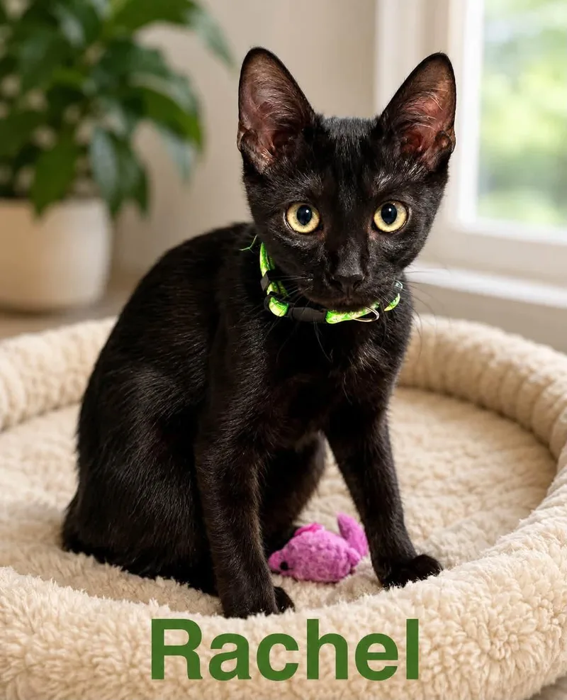 A baby medium-sized female Black Domestic Short Hair cat named Rachel for adoption in Loogootee, IN