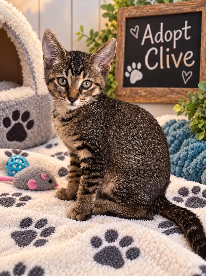 A baby medium-sized male Tabby (Buff / Tan / Fawn) Domestic Short Hair cat named Clive for adoption in Saginaw, MI