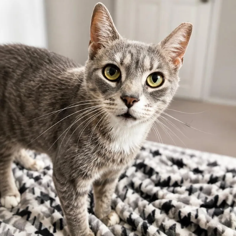 A young medium-sized female Gray / Blue / Silver Domestic Short Hair cat named Peachy for adoption in Medina, OH