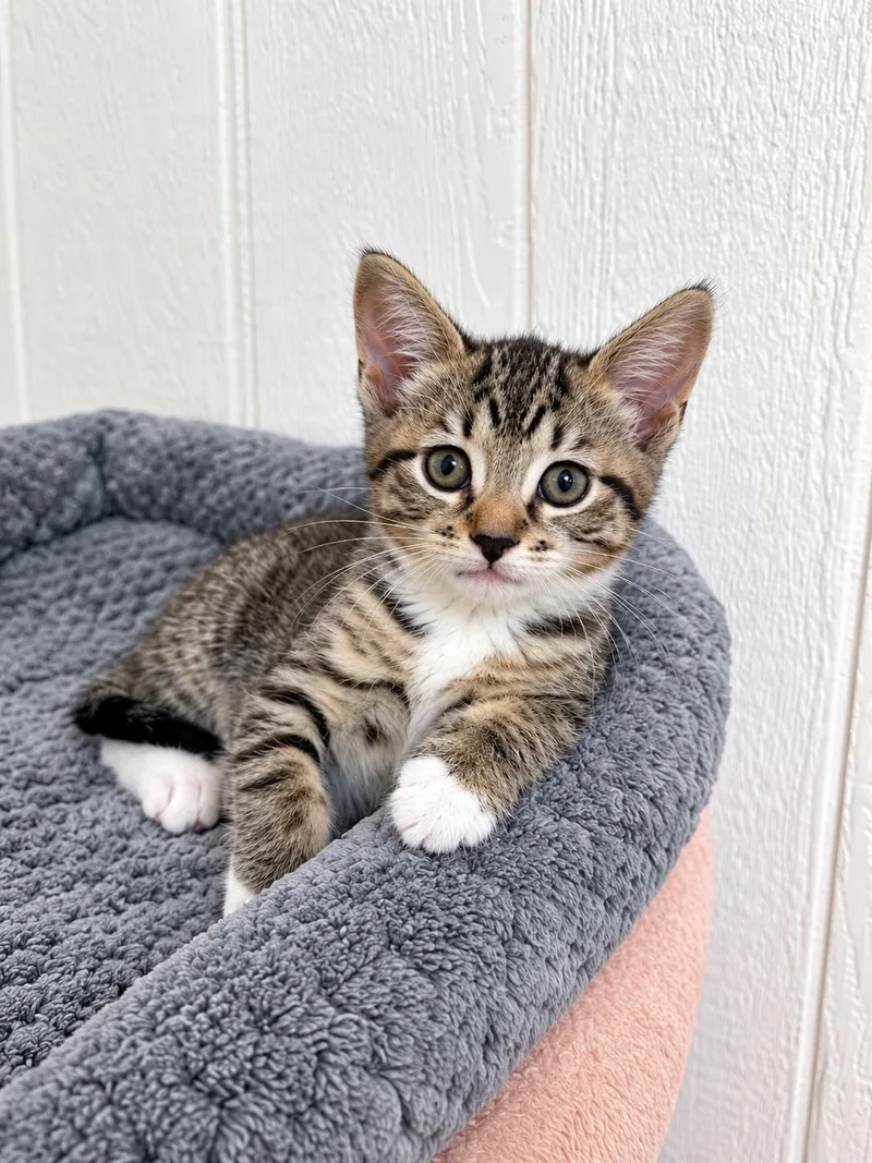 A baby medium-sized female Tabby (Buff / Tan / Fawn) Domestic Short Hair cat named Strudel for adoption in Victor, NY