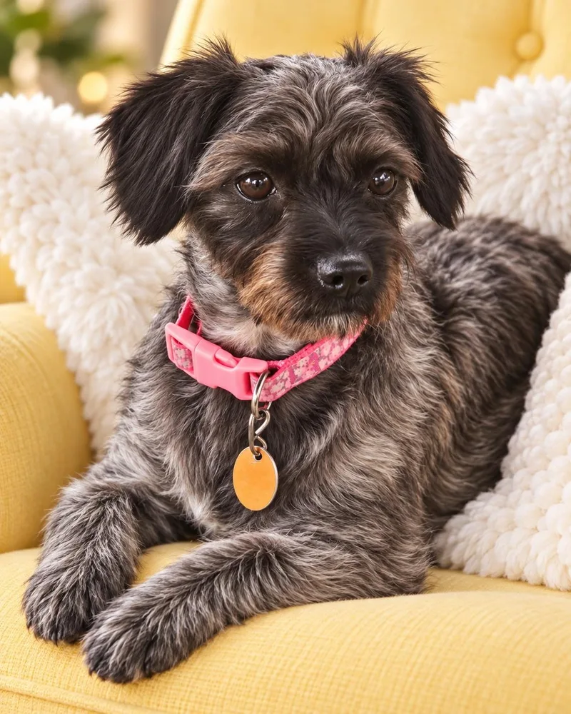 An adult small-sized female Gray / Blue / Silver Schnoodle dog named Chloe for adoption in Blaine, MN