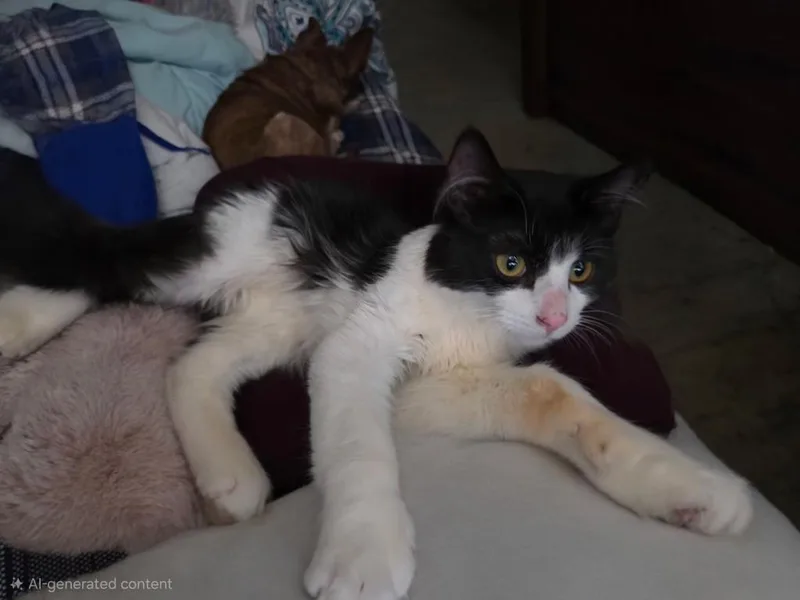 A young medium-sized male Black & White / Tuxedo Domestic Short Hair cat named Einstein for adoption in Pocatello, ID