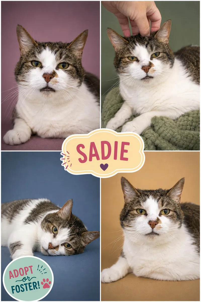 An adult medium-sized female Tabby cat named Sadie for adoption in Greenville, DE