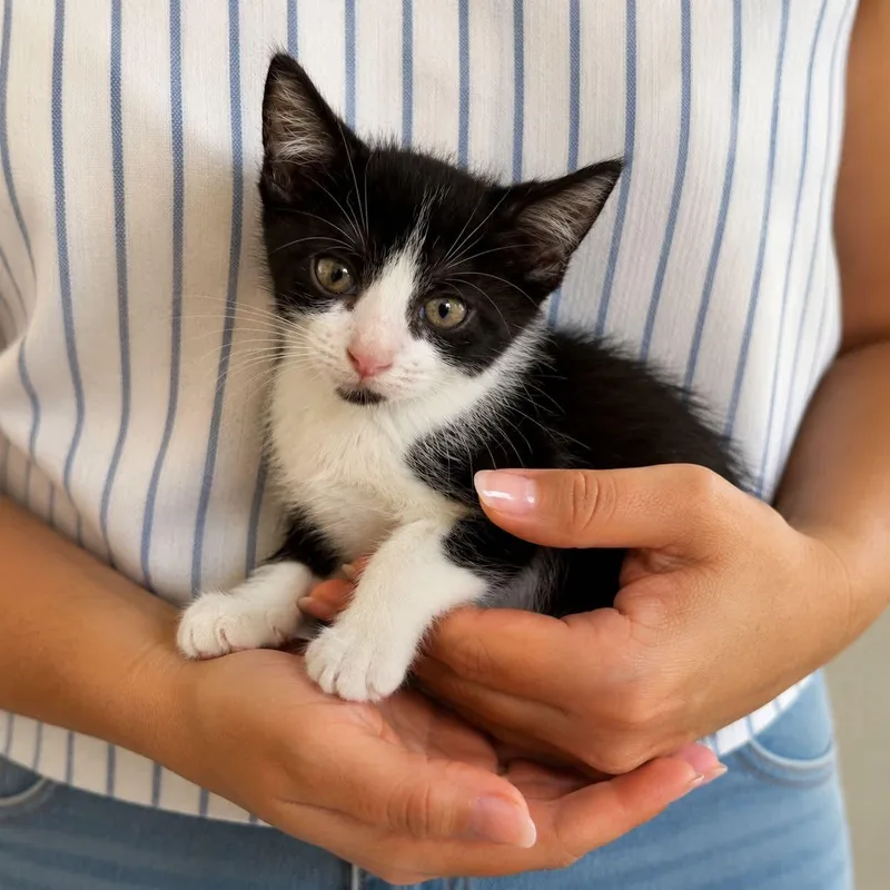 A baby medium-sized female Tuxedo cat named Prada for adoption in Warren, NJ