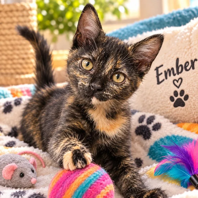 A baby small-sized female Domestic Short Hair cat named Ember for adoption in League City, TX