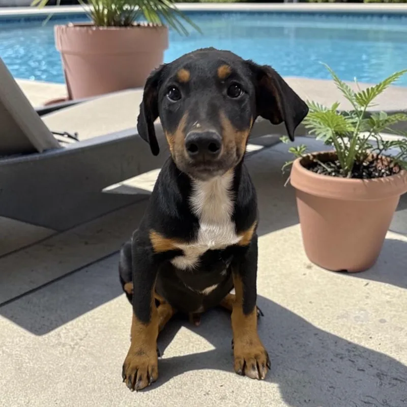 A young medium-sized male Black Doberman Pinscher dog named Fudge for adoption in Ennis, TX