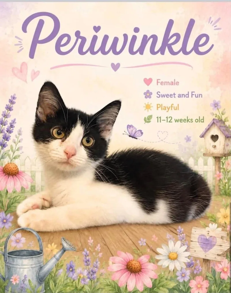 A young small-sized female Black & White / Tuxedo Domestic Short Hair cat named Periwinkle for adoption in Cortland, OH