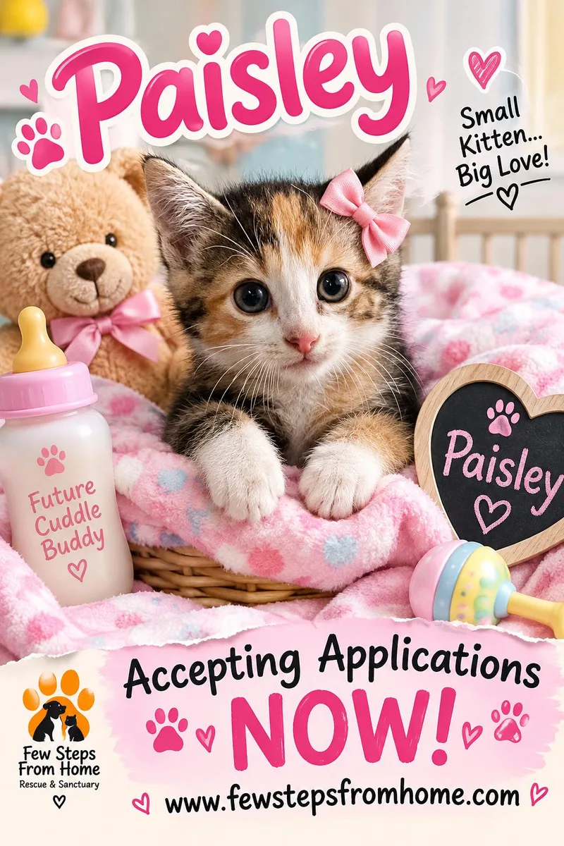 A baby medium-sized female Calico Domestic Short Hair cat named Paisley for adoption in Gladwin, MI
