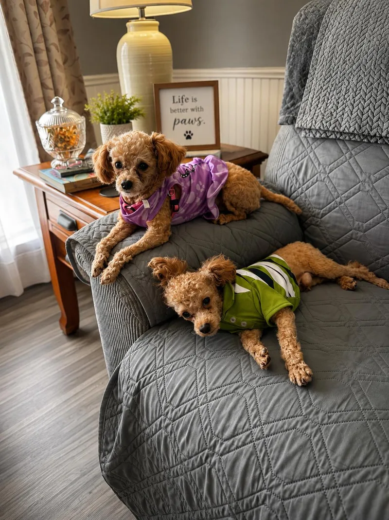An adult small-sized female Yellow / Tan / Blond / Fawn Poodle (Toy) dog named Andy and Abby for adoption in North Vernon, IN