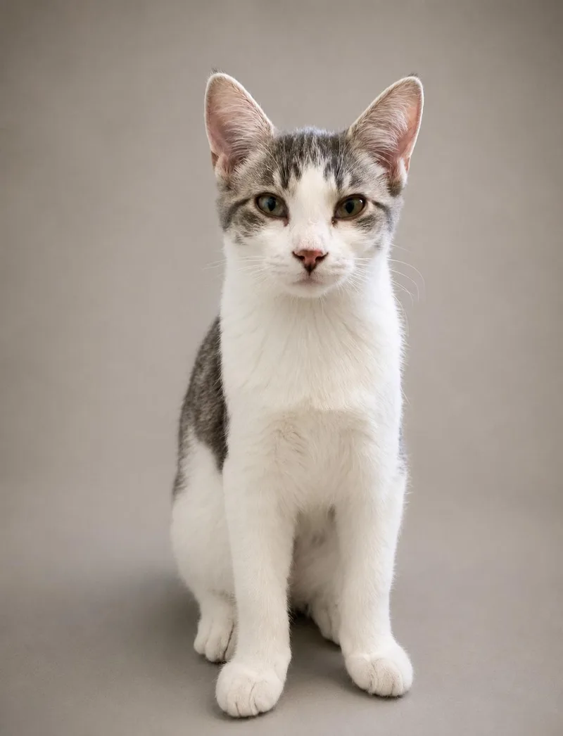A young medium-sized female Gray & White Domestic Short Hair cat named Buffy for adoption in Lincoln, IL