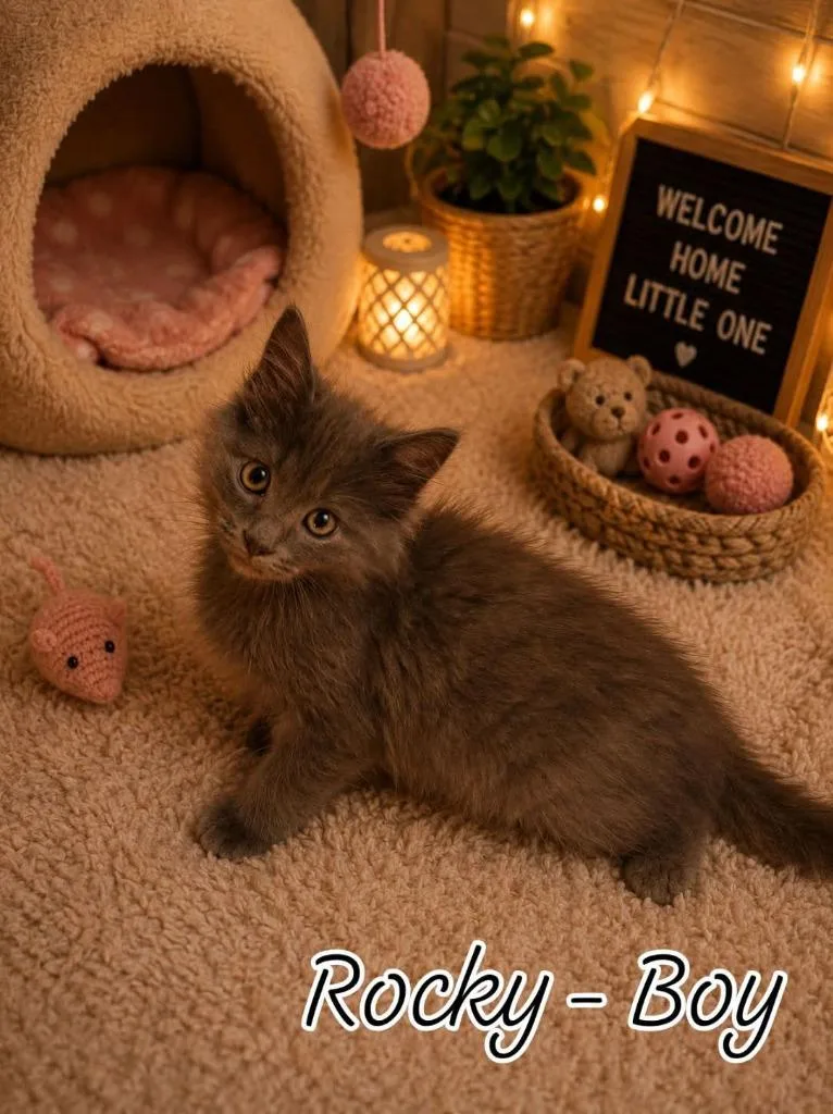 A baby medium-sized male Russian Blue cat named Rocky for adoption in Miami, OK