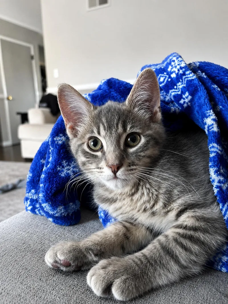 A baby medium-sized male Tabby (Gray / Blue / Silver) Domestic Short Hair cat named Cale Indoor Only for adoption in Stockton, CA