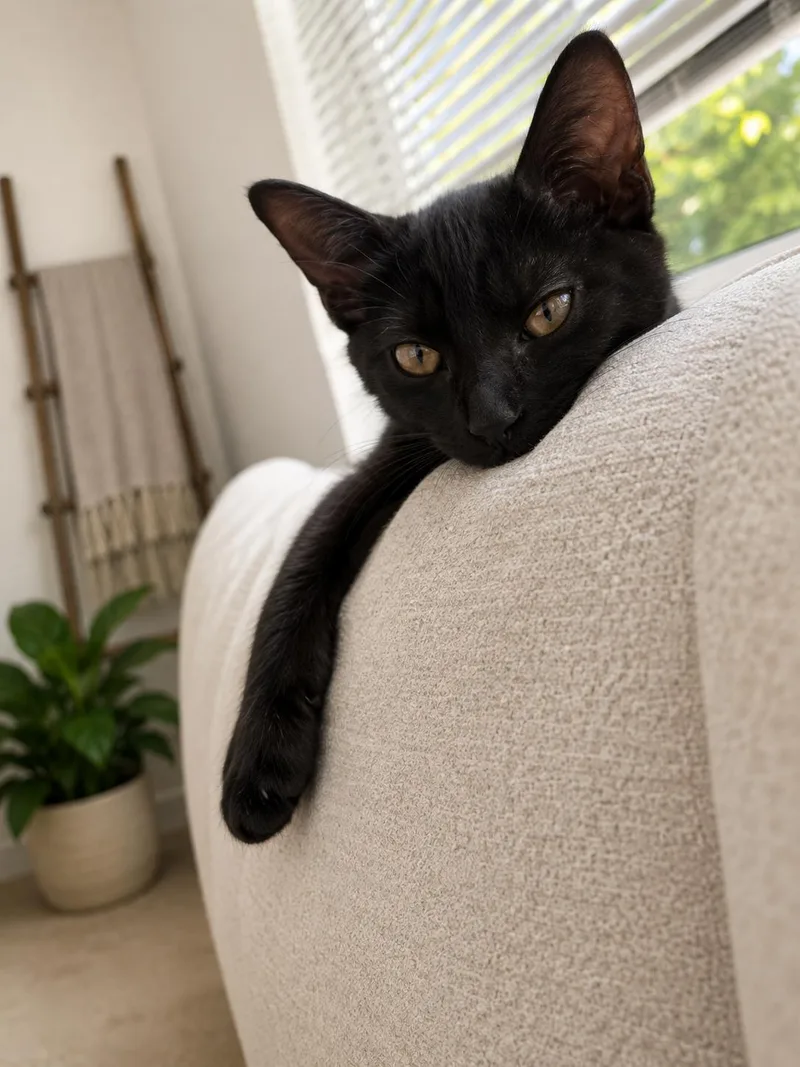 A baby medium-sized male Black Domestic Short Hair cat named Sirius Black for adoption in Santa Cruz, CA