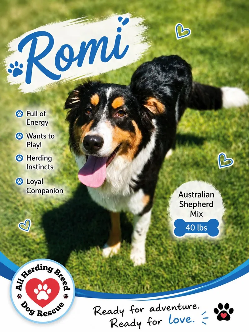 A baby medium-sized male Tricolor (Brown, Black, & White) Australian Shepherd dog named Romi for adoption in Joliet, IL