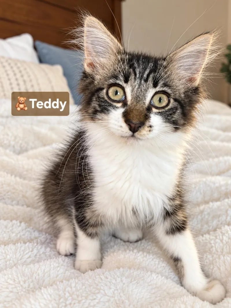 A baby small-sized female Calico Maine Coon cat named Teddy & Jolene for adoption in Yorba Linda, CA