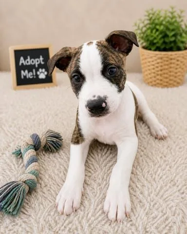 A baby medium-sized male Brindle American Staffordshire Terrier dog named Nikko for adoption in Houston, TX