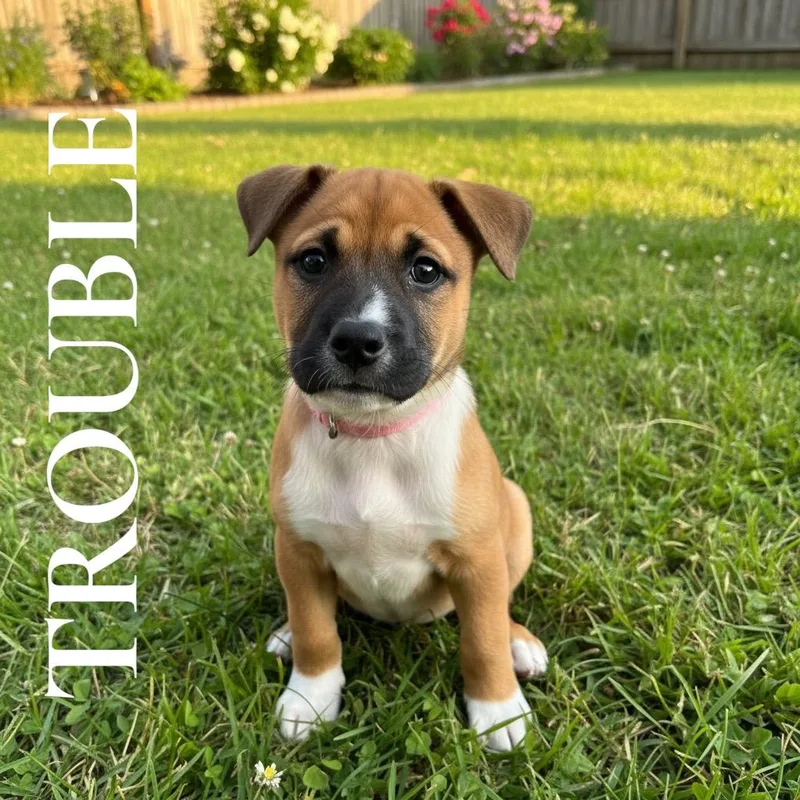 A baby medium-sized female Mixed Breed dog named Trouble Pink for adoption in Charlotte, MI