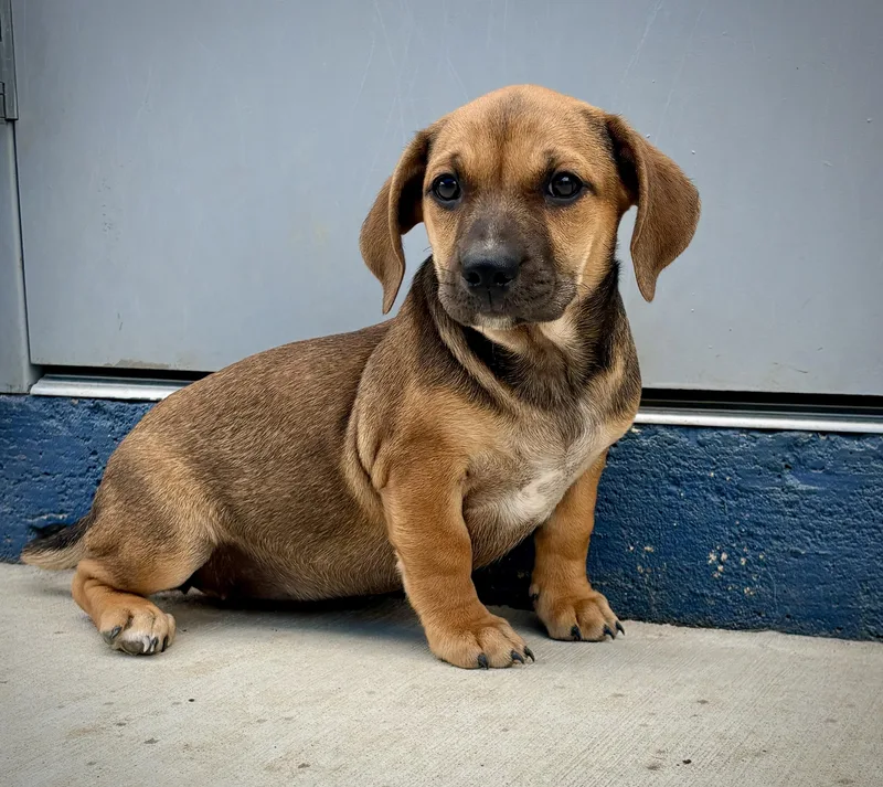 A baby medium-sized female Brown / Chocolate Corgi dog named Noxi for adoption in Kalamazoo, MI