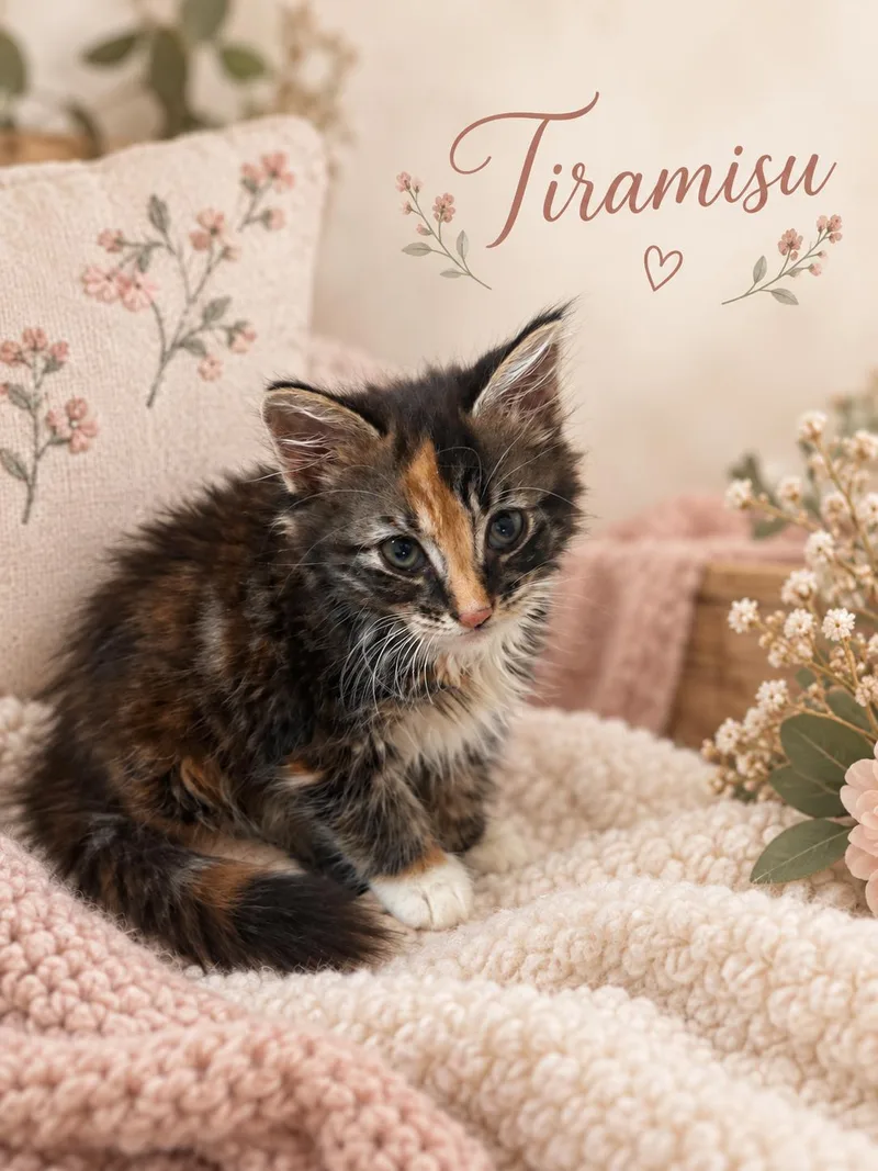 A baby medium-sized female Calico cat named Tiramisu for adoption in Dickinson, TX