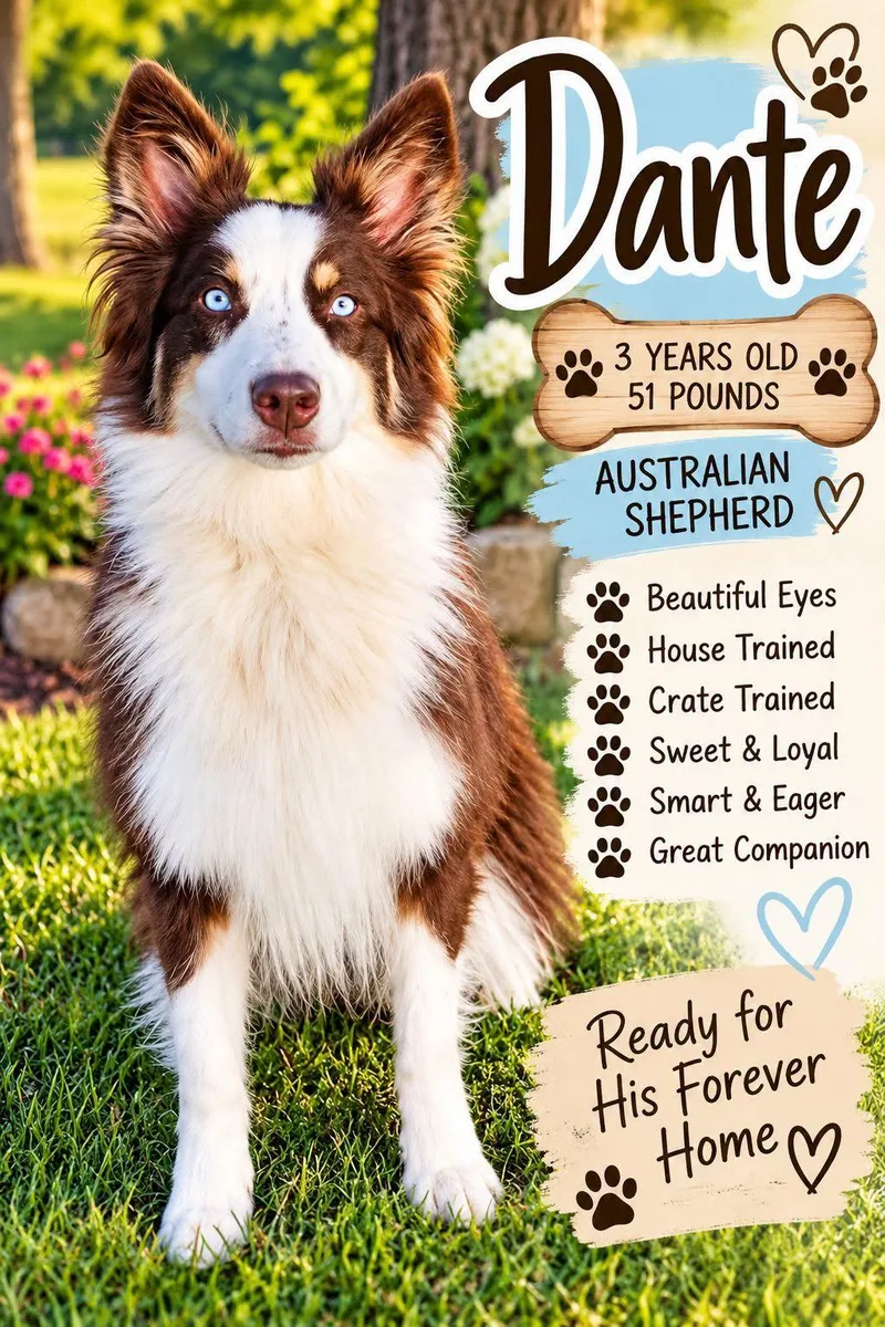 An adult medium-sized male Australian Shepherd dog named Dante for adoption in Fort Worth, TX
