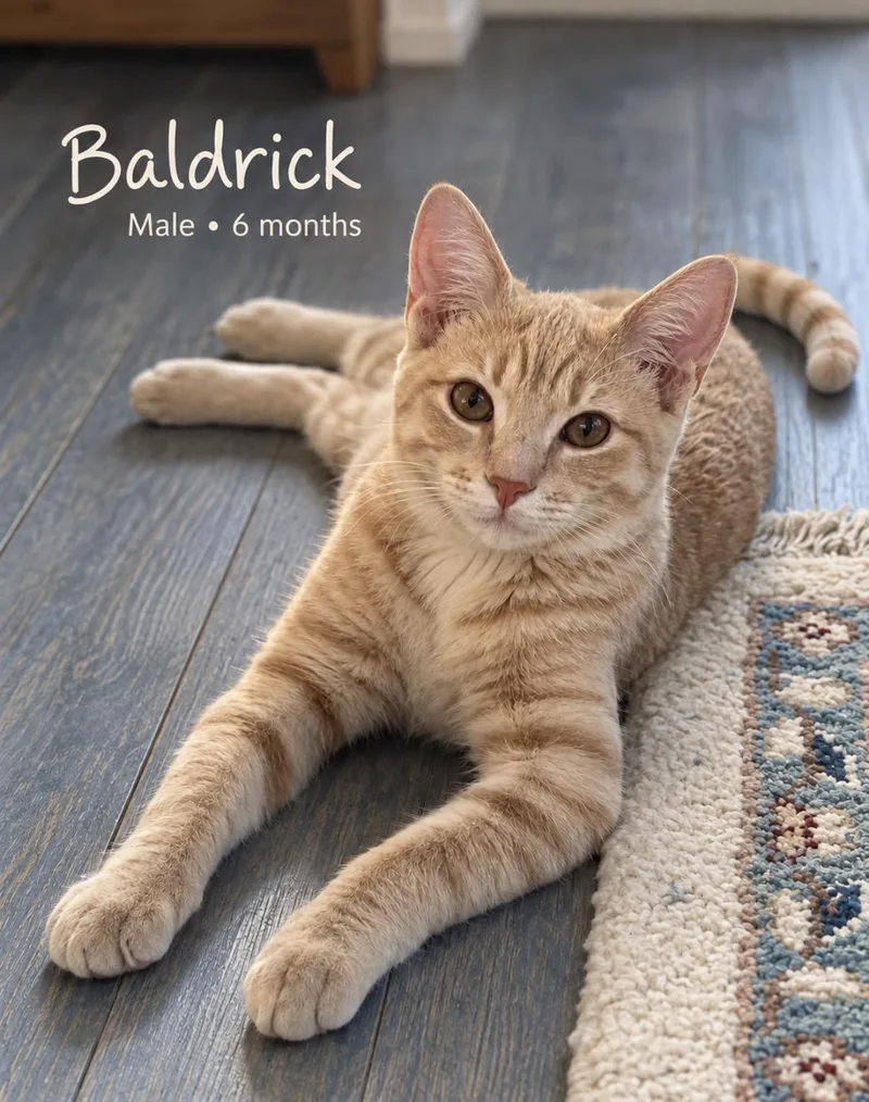 A baby medium-sized male Tabby (Orange / Red) Domestic Short Hair cat named Baldrick for adoption in Pawleys Island, SC