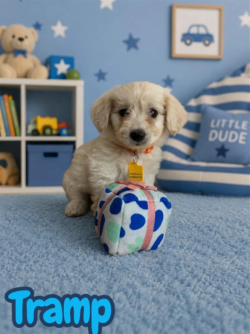 A baby small-sized male Apricot / Beige Maltipoo dog named Tramp for adoption in Arlington, TX