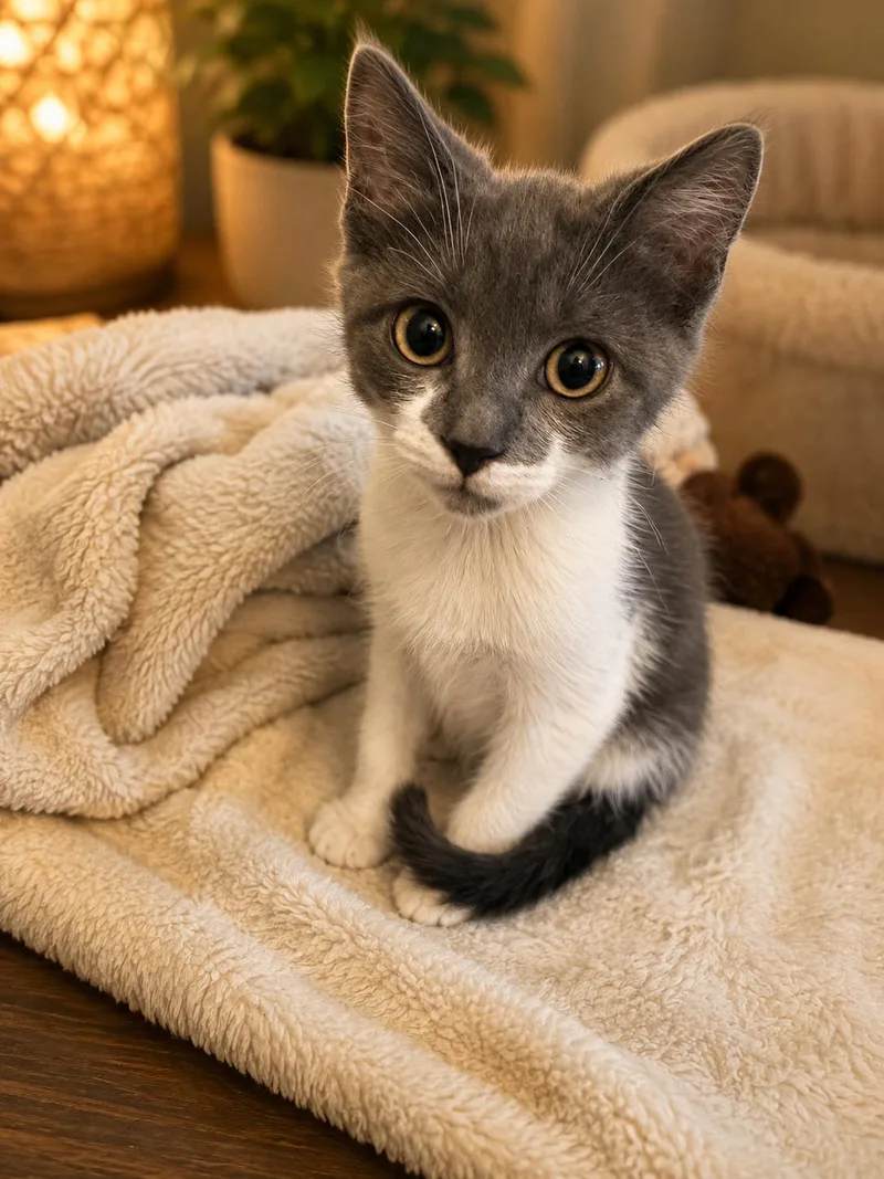 A baby medium-sized male Gray & White Domestic Short Hair cat named Kumamoto for adoption in Santa Cruz, CA