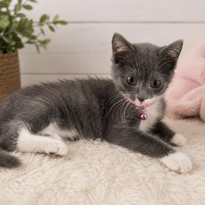 A baby small-sized female Gray / Blue / Silver Domestic Medium Hair cat named Pagani for adoption in Inman, SC