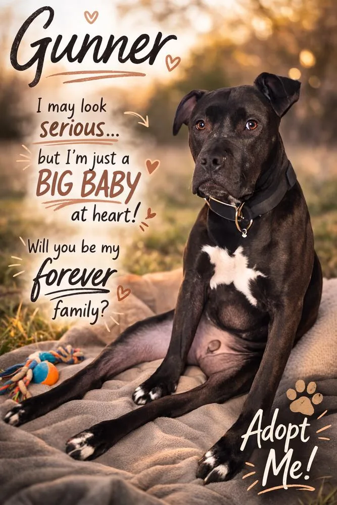 A young medium-sized male Black Pit Bull Terrier dog named Gunner for adoption in Mauston, WI