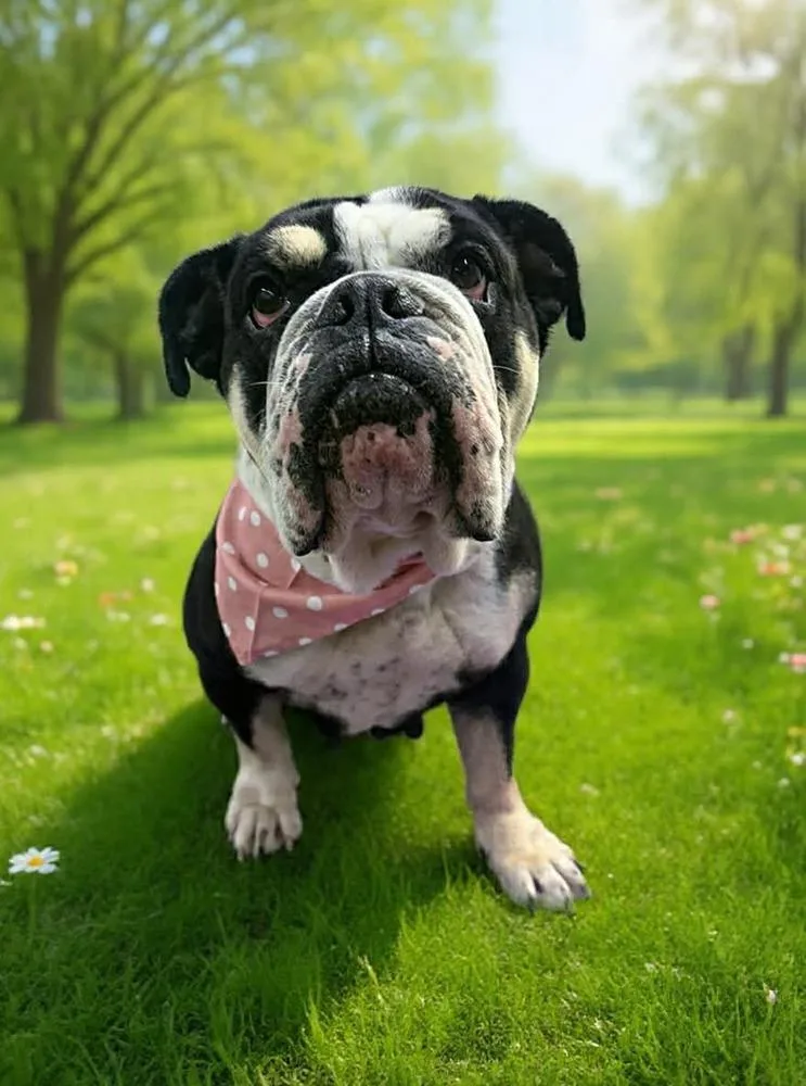 An adult medium-sized female Tricolor (Brown, Black, & White) English Bulldog dog named Moggs for adoption in Middletown, CT