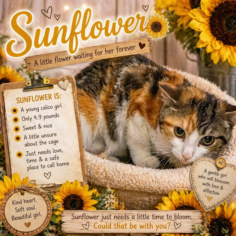 A young medium-sized female Calico cat named Sunflower for adoption in Greenville, DE