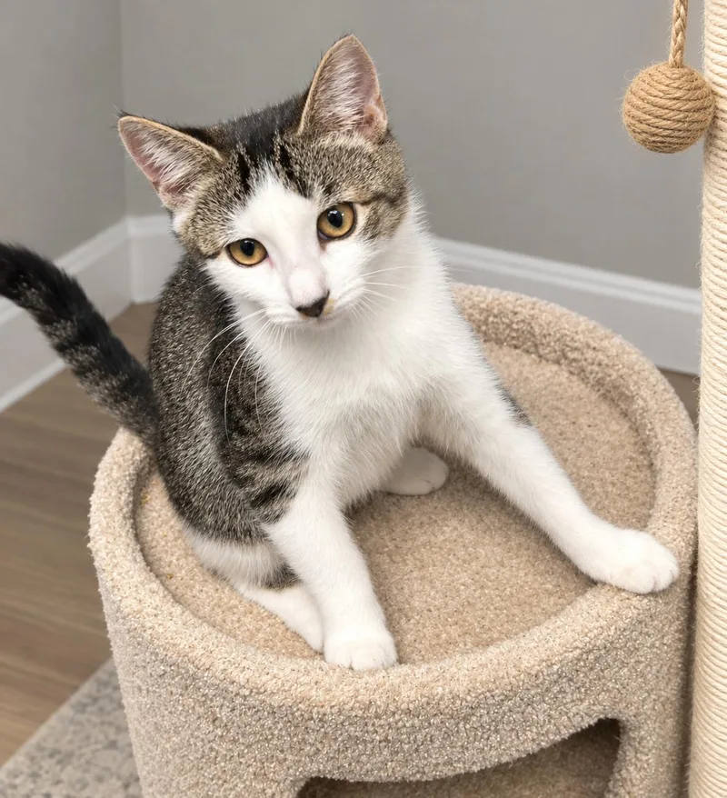 A young large-sized female Gray & White Domestic Short Hair cat named Poppy for adoption in Murrells Inlet, SC