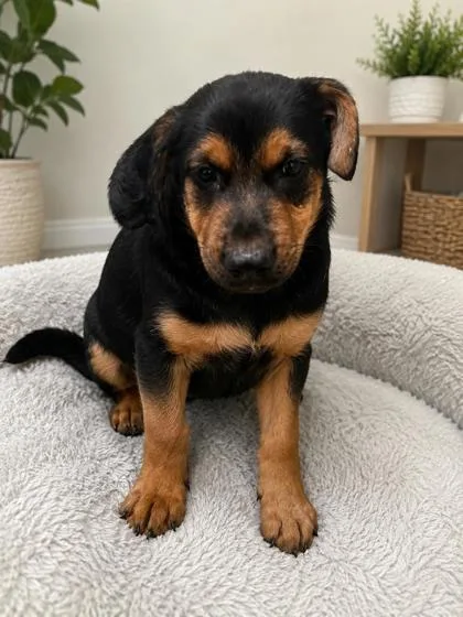 A baby small-sized female Rottweiler dog named Eevee for adoption in New Orleans, LA