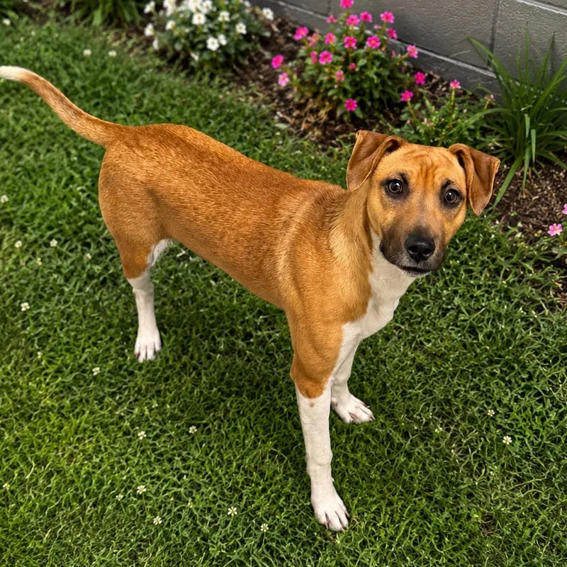 A young small-sized male Yellow / Tan / Blond / Fawn Mixed Breed dog named Sammy "The Squealer" for adoption in Blairsville, GA