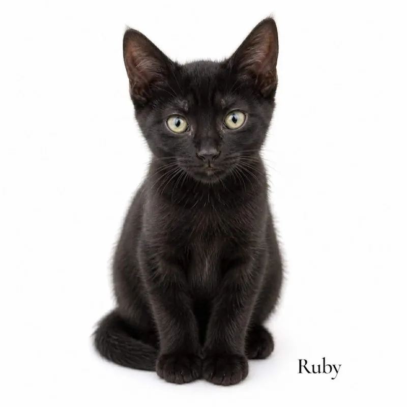 A baby medium-sized female Black Domestic Short Hair cat named Ruby for adoption in Stevensville, MI