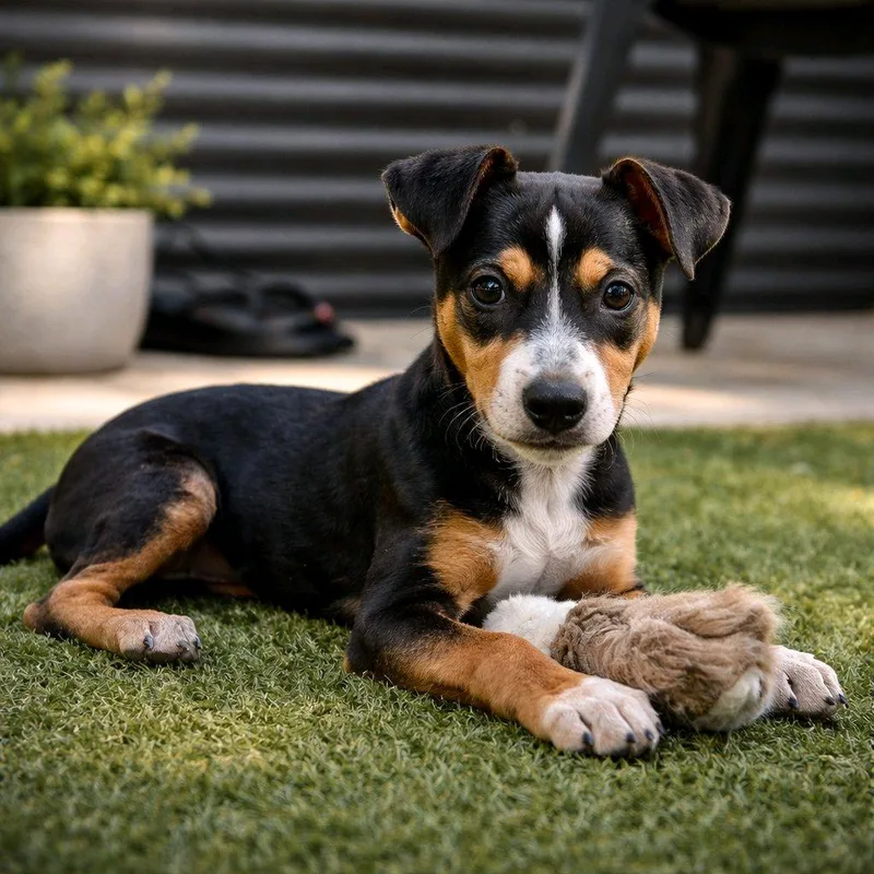 A baby medium-sized female Tricolor (Brown, Black, & White) Cattle Dog dog named Vortex for adoption in Apache Junction, AZ