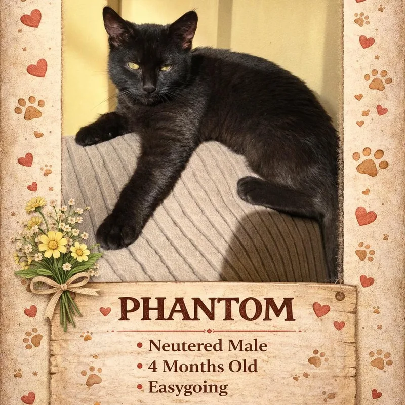 A young small-sized male Black Domestic Short Hair cat named Phantom for adoption in Abbeville, SC