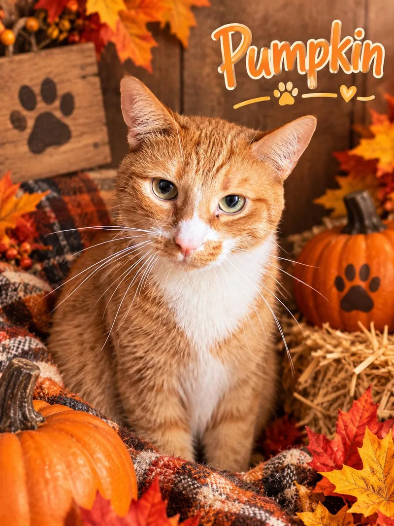 An adult medium-sized male Orange & White Domestic Short Hair cat named Pumpkin for adoption in Orleans, VT