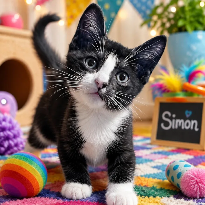 A baby small-sized male Black Domestic Short Hair cat named Simon for adoption in League City, TX