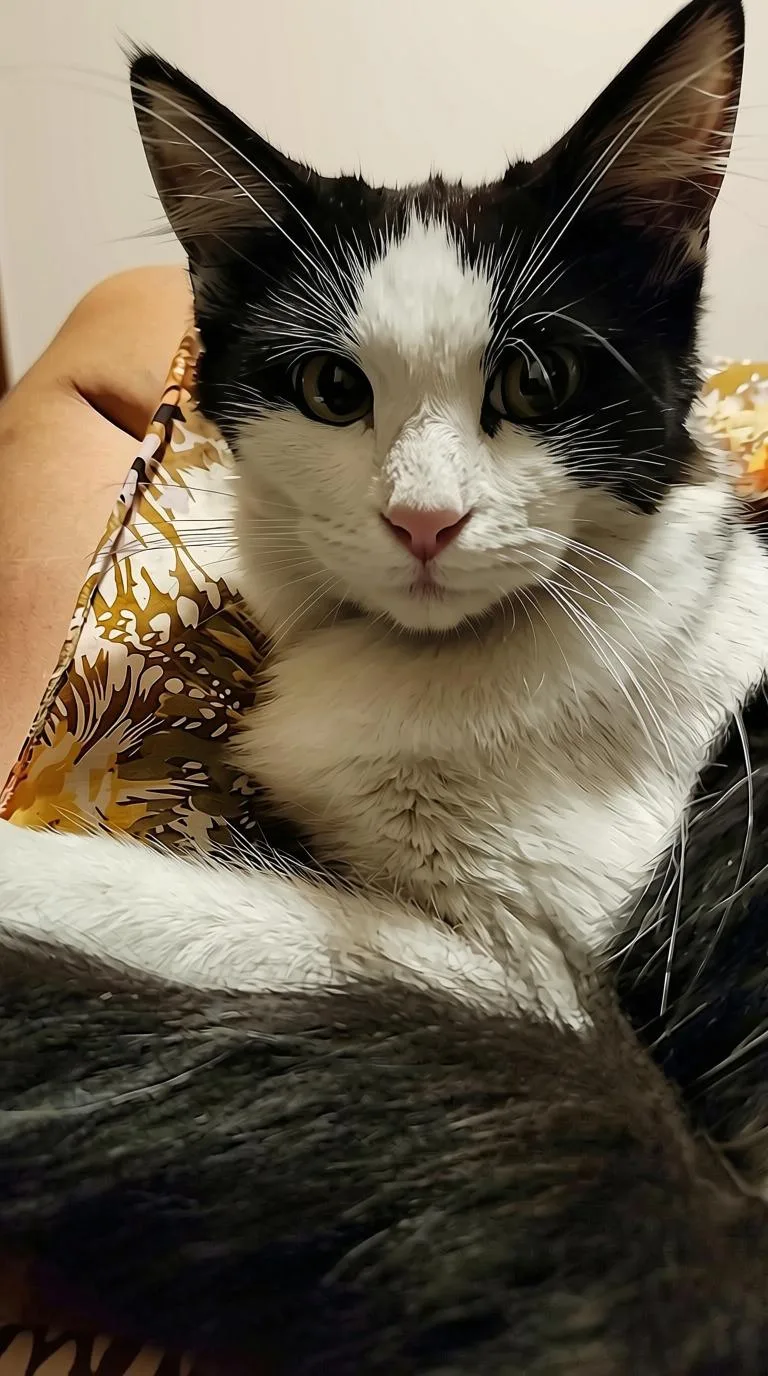 A baby small-sized female Black & White / Tuxedo Domestic Long Hair cat named Harmony for adoption in San Jose, CA